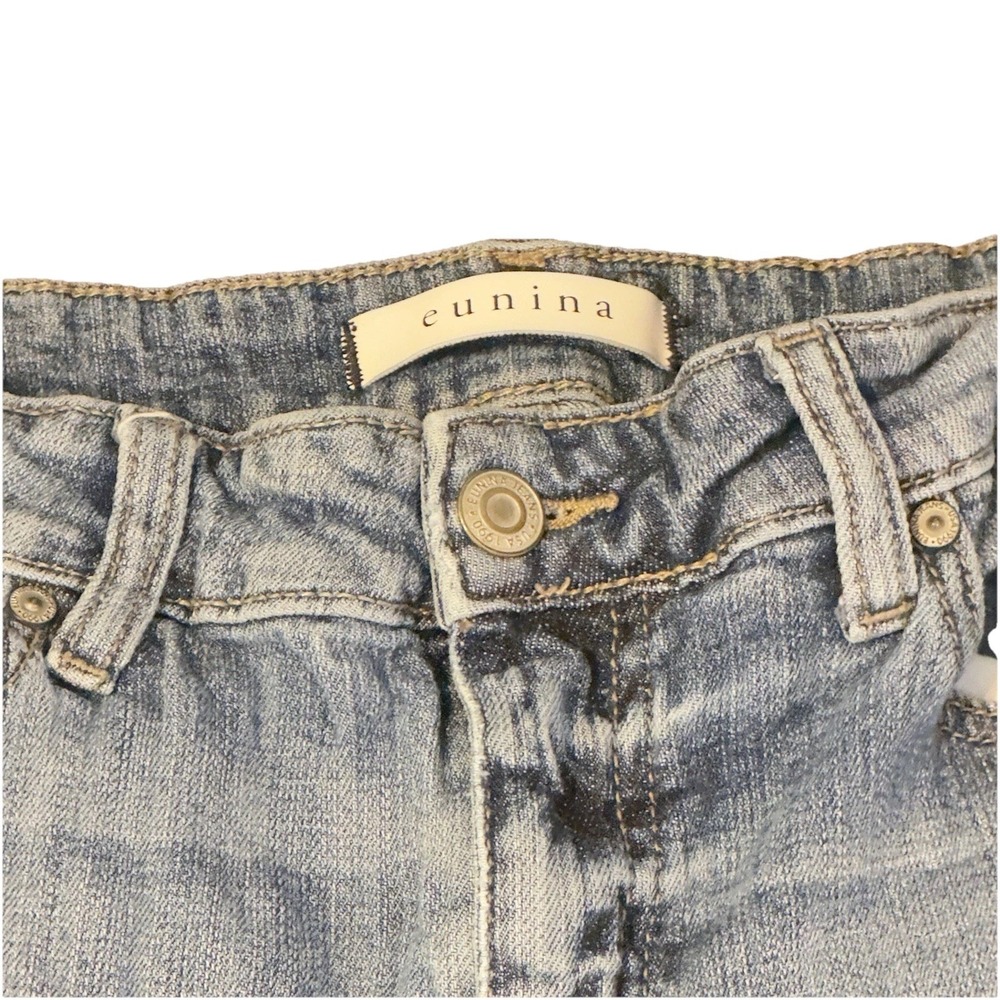 Eunina Women's Mid Rise Bootcut Blue Denim‎ Jeans Stretch 5-Pocket Raw Hem Sz 28 - Picture 4 of 14